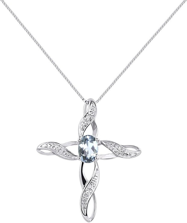 Rylos Necklace Sterling Silver 925 Cross Necklace with Gemstone & Diamonds Pendant with 18" Chain 7X5MM Birthstone Womens Jewelry Silver Necklace For Women Diamond Necklace