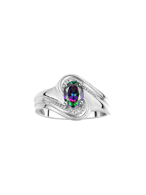 Rylos 14K White Gold Ring Designer Swirl Style : 7X5MM Oval Gemstone & Diamond Accent - Birthstone Jewelry for Women - Available in Sizes 5-10.