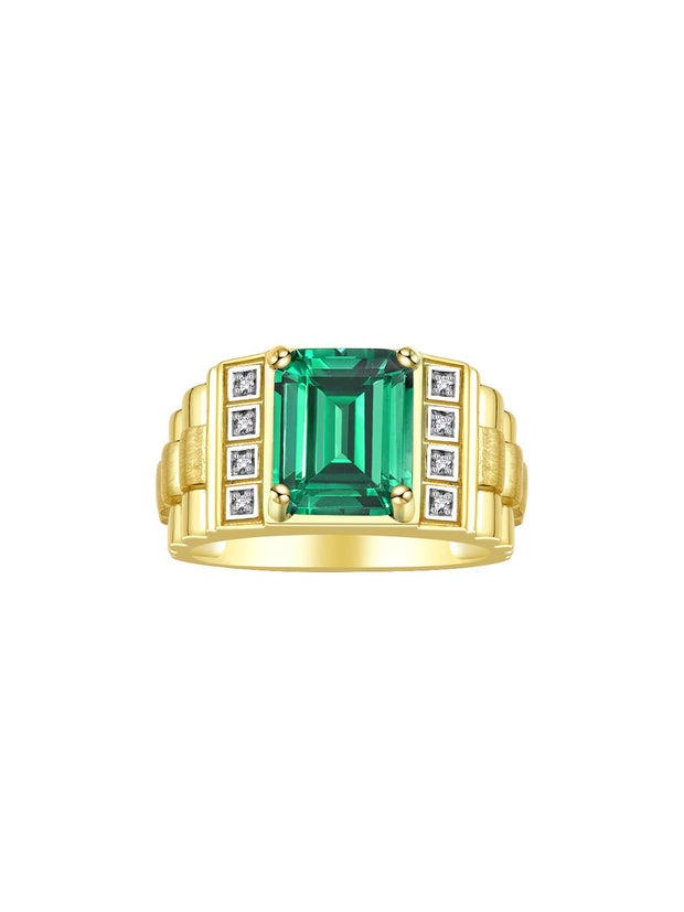 Rylos Men's Rings Yellow Gold Plated Silver Designer Style 10X8MM Emerald Cut Shape Gemstone & Diamonds - Color Stone Birthstone Rings for Men, Sizes 8-13.