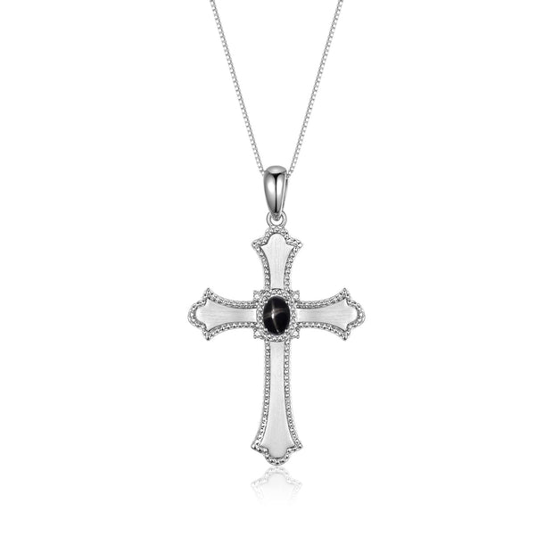 Rylos 14K White Gold Cross Necklace with Gemstones, Diamonds & 18 Chain - 6X4MM Birthstone Pendant for Women - Elegant Diamond Jewelry