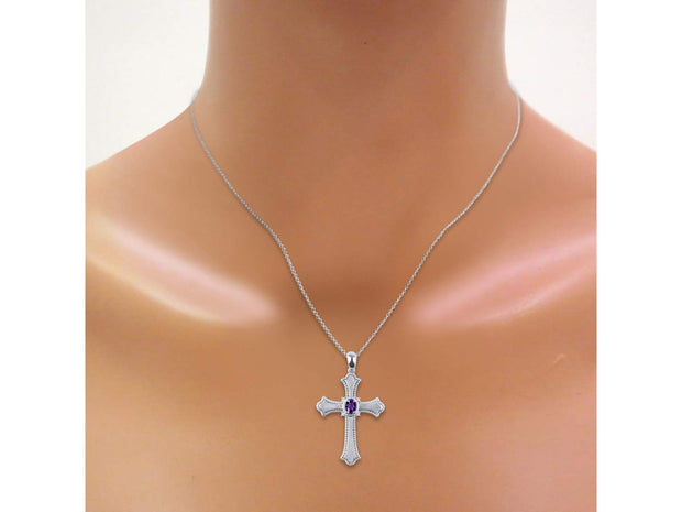 Rylos 14K White Gold Cross Necklace with Gemstones, Diamonds & 18 Chain - 6X4MM Birthstone Pendant for Women - Elegant Diamond Jewelry