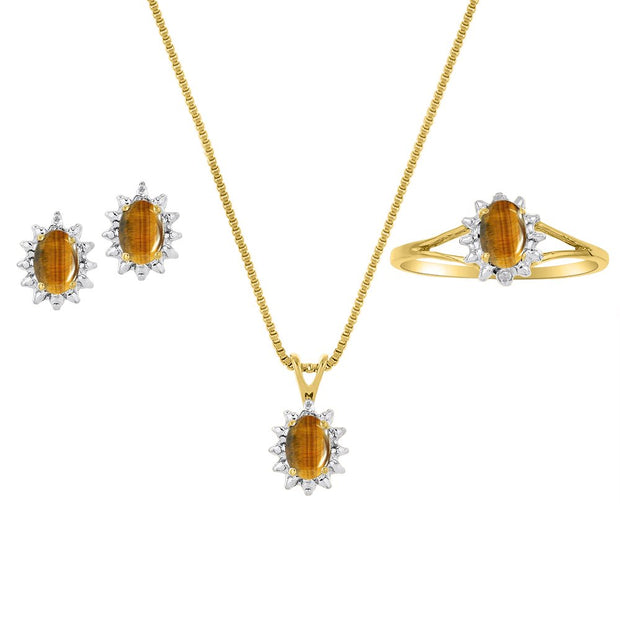 Rylos Matching Jewelry For Women 14K Yellow Gold - Tiger Eye- Ring, Earrings & Necklace 6X4MM Color Stone Gemstone Jewelry For Women Gold Jewelry