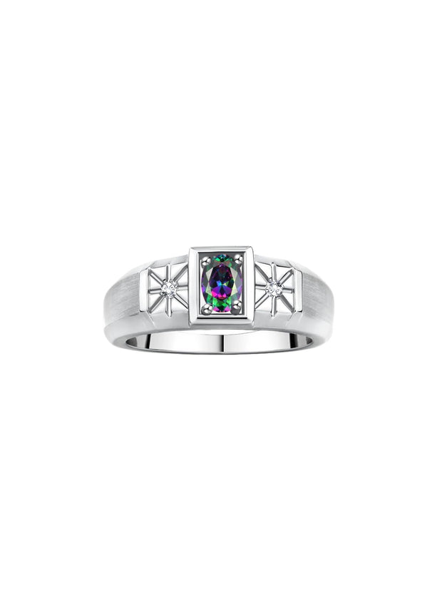 Rylos Men's Classic 14K White Gold Designer Ring: 6X4MM Oval Gemstone & Sparkling Diamond Accent - Birthstone Rings for Men - Available in Sizes 8-13.