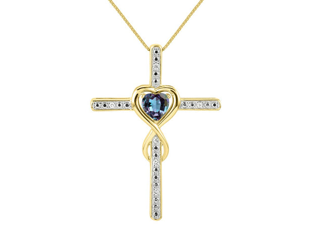 Rylos Matching Jewelry 14K Yellow Gold Claddagh Friendship Ring & Cross Necklace with 18" Chain. Heart 6X4MM Gemstone & Diamonds; Sizes 5-10