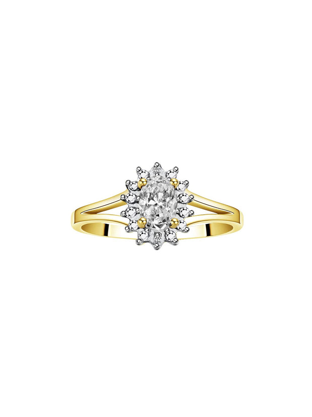 Rylos Halo Ring: Diamond Birthstone with 6X4MM Oval Gemstone - Women's Jewelry in Yellow Gold Plated Silver - Stunning Diamond Ring Sizes 5-10