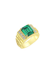 Rylos Men's Rings Yellow Gold Plated Silver Designer Style 10X8MM Emerald Cut Shape Gemstone & Diamonds - Color Stone Birthstone Rings for Men, Sizes 8-13.