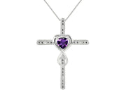 Rylos Women's 14K White Gold Heart Gemstone & Diamond Cross Necklace. 6MM Birthstone. With 18" Chain. Elegant Jewelry for Women.