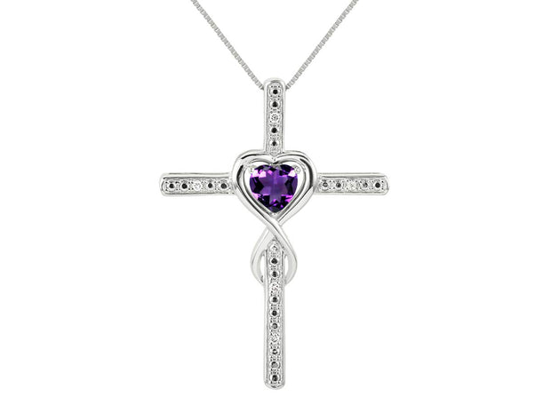 Rylos Women's 14K White Gold Heart Gemstone & Diamond Cross Necklace. 6MM Birthstone. With 18" Chain. Elegant Jewelry for Women.