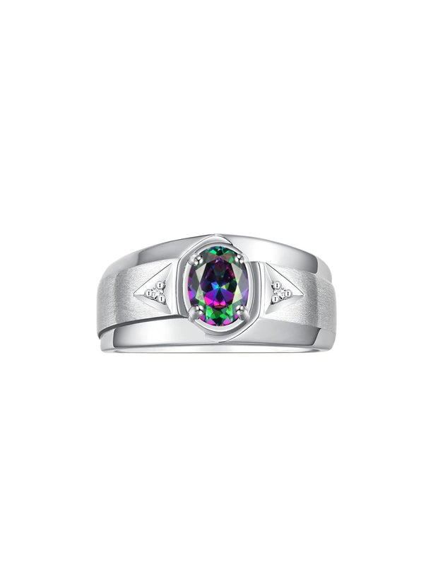 Rylos Men's Rings 14K White Gold Classic 7X5MM Oval Gemstone & Sparkling Diamond Designer Ring - Color Stone Birthstone Rings, Sizes 8-13. Elevate Your Style with Timeless Sophistication!