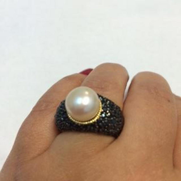 Sterling Silver Gold Plate White Button Freshwater Pearl Ring with Black CZ Pave Shank