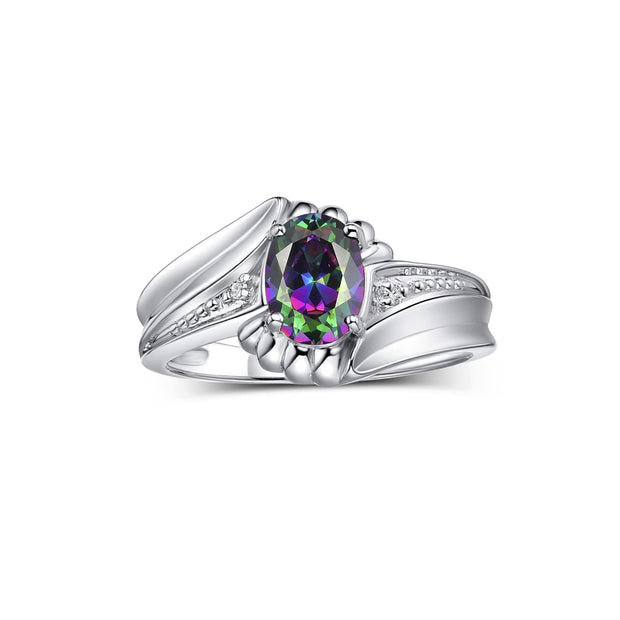 Rylos Swirl Z Ring with 7X5MM Oval Gemstone & Diamond Accent  Elegant Birthstone Jewelry for Women in Sterling Silver  Available in Sizes 5-10