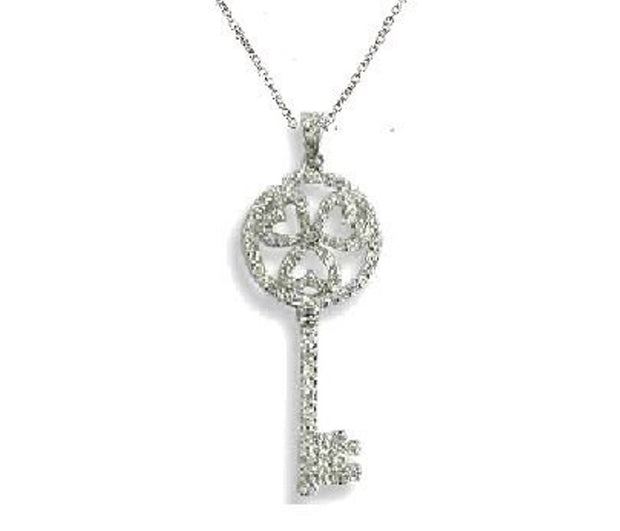 Rylos Sterling Silver Rhodium Plate White CZ Fancy Key Pendant in 18" Silver Chain