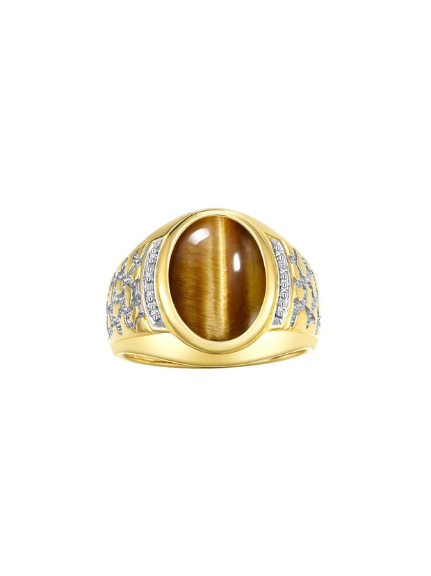 Rylos Men's Nugget Ring in Yellow Gold Plated Silver Cabochon Gemstone and Diamonds in Sizes 8-13.