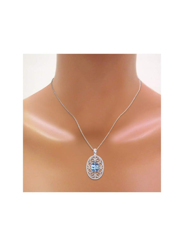 Rylos 14K White Gold Halo Designer Style Necklace: Gemstone & Diamond Pendant, 18" Chain, 12X10MM, Women's Elegant Jewelry