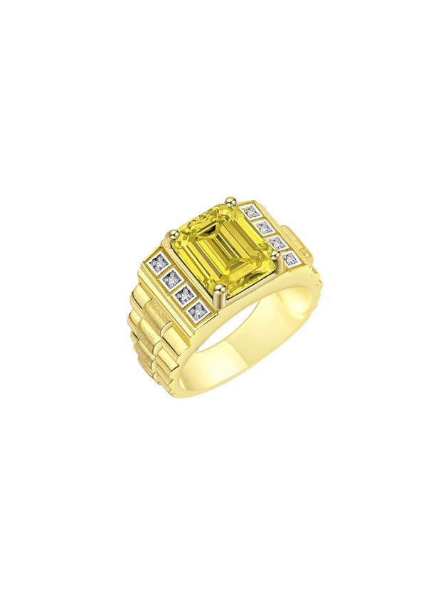 Rylos Men's Rings Yellow Gold Plated Silver Designer Style 10X8MM Emerald Cut Shape Gemstone & Diamonds - Color Stone Birthstone Rings for Men, Sizes 8-13.