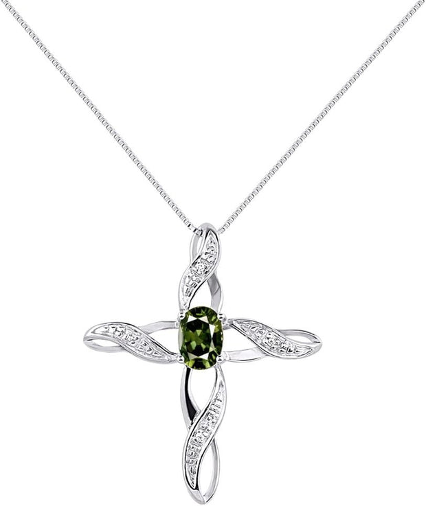 Rylos Necklace Sterling Silver 925 Cross Necklace with Gemstone & Diamonds Pendant with 18" Chain 7X5MM Birthstone Womens Jewelry Silver Necklace For Women Diamond Necklace