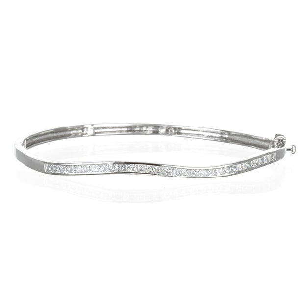 Rylos Sterling Silver Rhodium Plate White CZ Princess Channel Setting Wavy Bangle