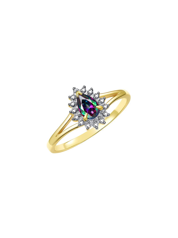 Rylos Halo Ring: Diamonds, 6X4MM Pear-Shaped Gemstone - Women's Color Stone Birthstone Jewelry - Elegant Yellow Gold Plated Silver Ring Sizes 5-10