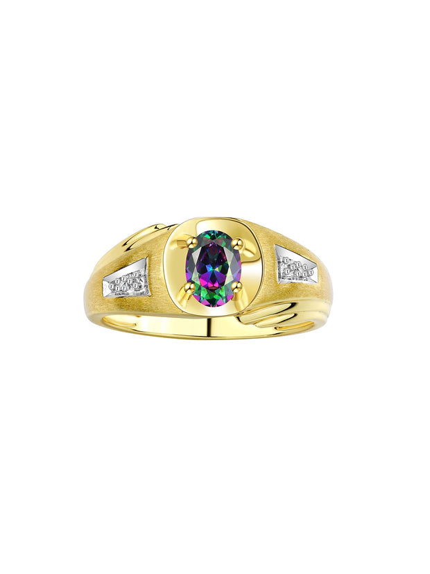 Rylos Men's Rings Classic Designer Style 8X6MM Oval Gemstone & Diamond Ring - Color Stone Birthstone Yellow Gold Plated Silver Ring for Men, Sizes 8-13.