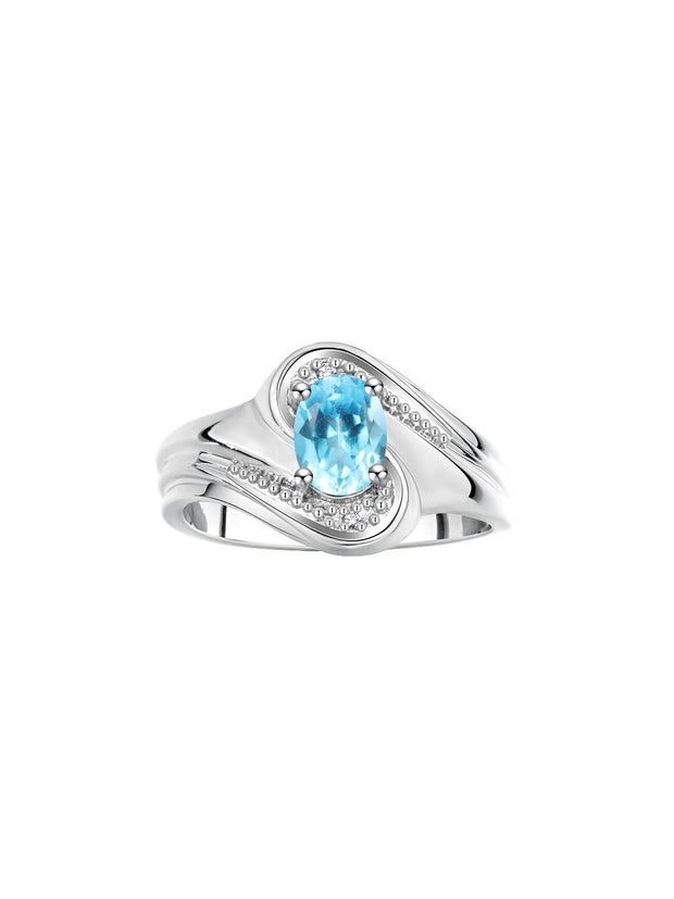 Rylos Designer Swirl Style Ring Sterling Silver 925 : 7X5MM Oval Gemstone & Diamond Accent - Birthstone Jewelry for Women - Available in Sizes 5-10.