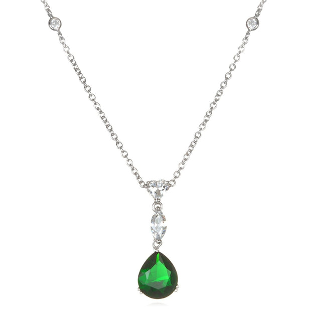 Rylos Sterling Silver Rhodium Plate Simulated Emerald Pear Drop Necklace with White CZ and White CZ Diamond by the Yard Chain in 17" Length