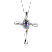 Rylos Sterling Silver Cross Necklace: Gemstone & Diamond Pendant, 18" Chain, 7X5MM Birthstone, Elegant Women's Jewelry