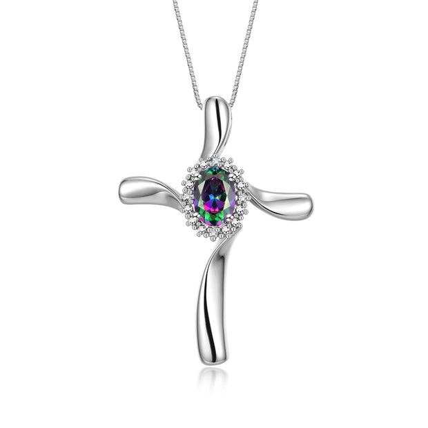 Rylos Sterling Silver Cross Necklace: Gemstone & Diamond Pendant, 18" Chain, 7X5MM Birthstone, Elegant Women's Jewelry