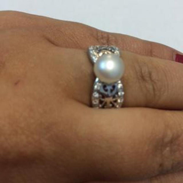 Rylos Sterling Silver Rhodium Plate Antique Inspired White Freshwater Button Pearl Ring With White CZ