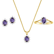 Rylos Matching Jewelry For Women 14K Yellow Gold - February Birthstone- Ring, Earrings & Necklace Amethyst 6X4MM Color Stone Gemstone Jewelry For Women Gold Jewelry