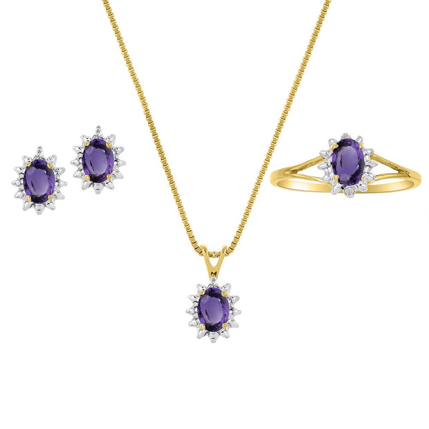 Rylos Matching Jewelry For Women 14K Yellow Gold - February Birthstone- Ring, Earrings & Necklace Amethyst 6X4MM Color Stone Gemstone Jewelry For Women Gold Jewelry