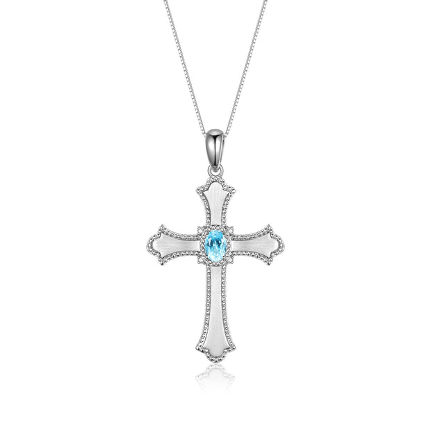 Rylos 14K White Gold Cross Necklace with Gemstones, Diamonds & 18 Chain - 6X4MM Birthstone Pendant for Women - Elegant Diamond Jewelry