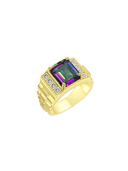 Rylos Men's Rings 14K Yellow Gold Designer Style 10X8MM Emerald Cut Shape Gemstone & Diamonds - Color Stone Birthstone Rings for Men, Sizes 8-13.