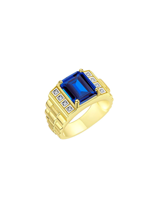 Rylos Men's Rings Yellow Gold Plated Silver Designer Style 10X8MM Emerald Cut Shape Gemstone & Diamonds - Color Stone Birthstone Rings for Men, Sizes 8-13.