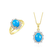 Rylos Women's Yellow Gold Plated Silver Princess Diana Ring & Pendant Set. Gemstone & Diamonds, 9X7MMTurquoise December Birthstone. 2 PC Perfectly Matched Jewelry. Ring Size 10