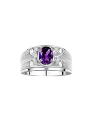 RYLOS Men's Rings Classic Designer Style 8X6MM Oval Gemstone & Diamond Ring - Color Stone Birthstone Rings for Men, Sterling Silver Ring in Sizes 8-13.