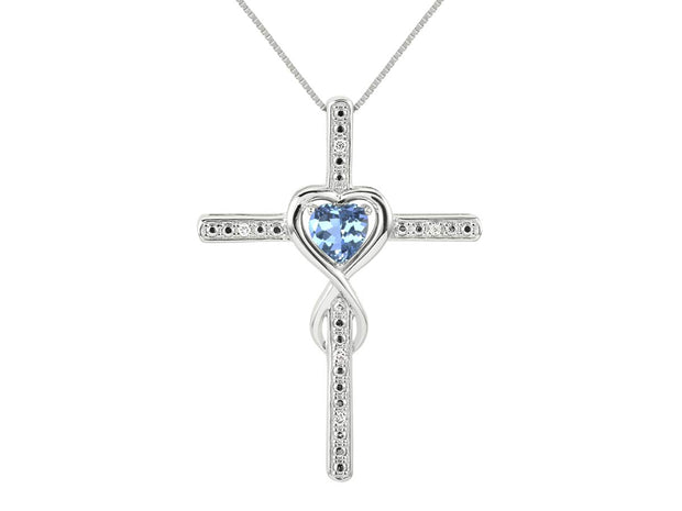 Rylos Women's 14K White Gold Heart Gemstone & Diamond Cross Necklace. 6MM Birthstone. With 18" Chain. Elegant Jewelry for Women.