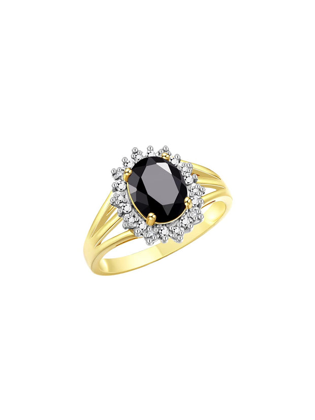 RYLOS Yellow Gold Plated Silver Ring with Princess Diana Inspired 9X7MM Gemstone and a Halo of Diamonds - Birthstone Jewelry for Women in Sizes 5-10