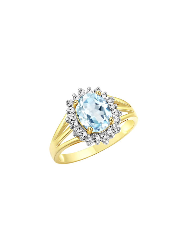 RYLOS Yellow Gold Plated Silver Ring with Princess Diana Inspired 9X7MM Gemstone and a Halo of Diamonds - Birthstone Jewelry for Women in Sizes 5-10