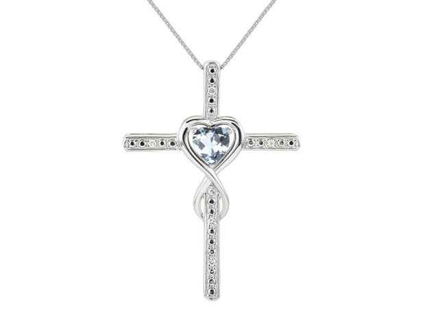 Rylos Heart Gemstone & Diamond Cross Necklace. 6MM Birthstone. 18" Chain. Elegant Jewelry for Women - Sterling Silver