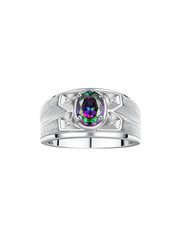 RYLOS Men's Rings Classic Designer Style 8X6MM Oval Gemstone & Diamond Ring - Color Stone Birthstone Rings for Men, Sterling Silver Ring in Sizes 8-13.