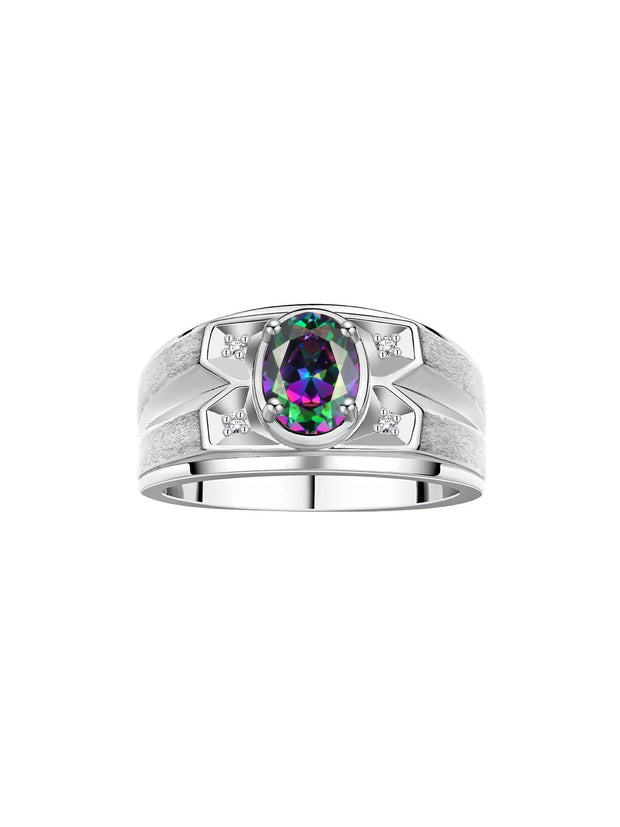 Rylos Men's Rings 14K White Gold Classic Designer 8X6MM Oval Gemstone & Diamond Ring - Color Stone Birthstone Rings for Men, Sizes 8-13. Mens Jewelry