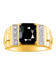 Rylos Men's Rings Yellow Gold Plated Silver Designer Style 10X8MM Emerald Cut Shape Gemstone & Diamonds - Color Stone Birthstone Rings for Men, Sizes 8-13.