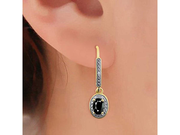 Rylos 14K Yellow Gold Dangling Earrings - 6X4MM Oval Faceted Onyx & Sparkling Diamonds - Exquisite Birthstone Jewelry