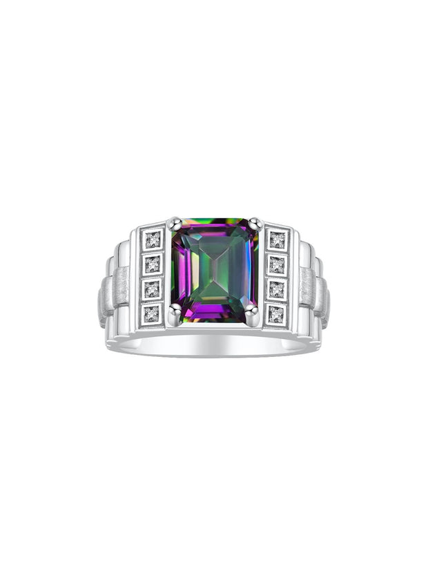 Rylos Men's Rings 14K White Gold Designer Style 10X8MM Emerald Cut Shape Gemstone & Diamonds - Color Stone Birthstone Rings for Men, Sizes 8-13.