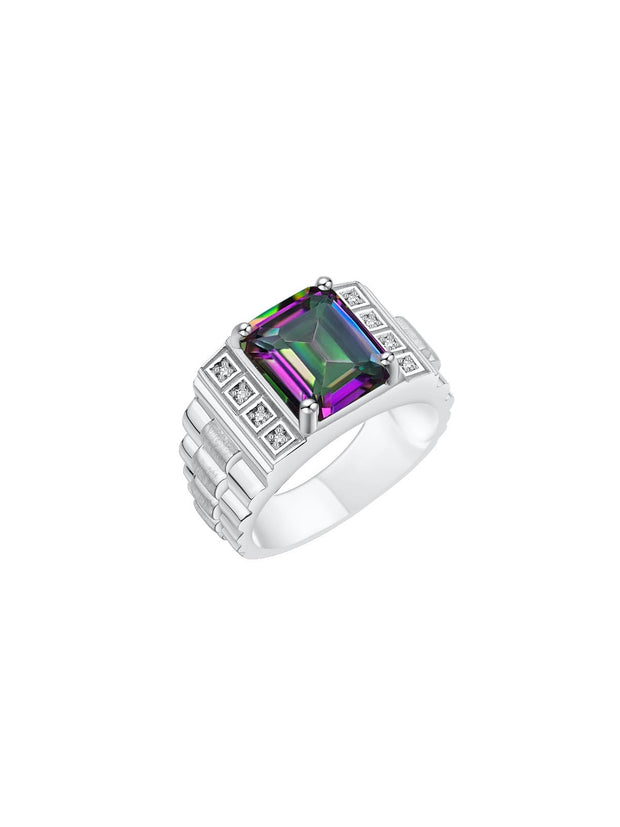 Rylos Men's Rings 14K White Gold Designer Style 10X8MM Emerald Cut Shape Gemstone & Diamonds - Color Stone Birthstone Rings for Men, Sizes 8-13.