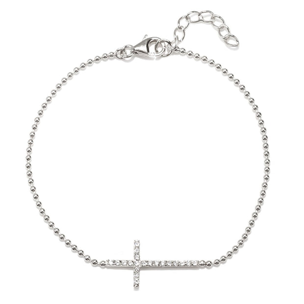 Rylos Sterling Silver Rhodium Plate White CZ Cross Bracelet in 7" length Plus 1" Extender with Ball Chain