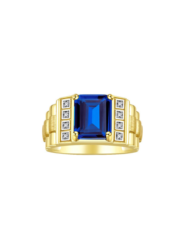 Rylos Men's Rings Yellow Gold Plated Silver Designer Style 10X8MM Emerald Cut Shape Gemstone & Diamonds - Color Stone Birthstone Rings for Men, Sizes 8-13.