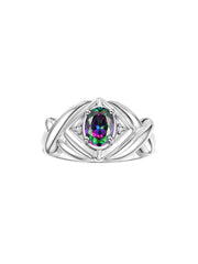 Rylos 14K White Gold XOXO Hugs & Kisses Ring with 7X5MM Gemstone & Diamonds - Birthstone Jewelry for Women in Gold, Sizes 5-10