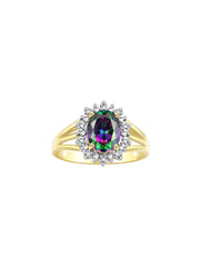 Rylos Yellow Gold Plated Silver Ring with Princess Diana Inspired 9X7MM Gemstone and a Halo of Diamonds - Birthstone Jewelry for Women in Sizes 5-10