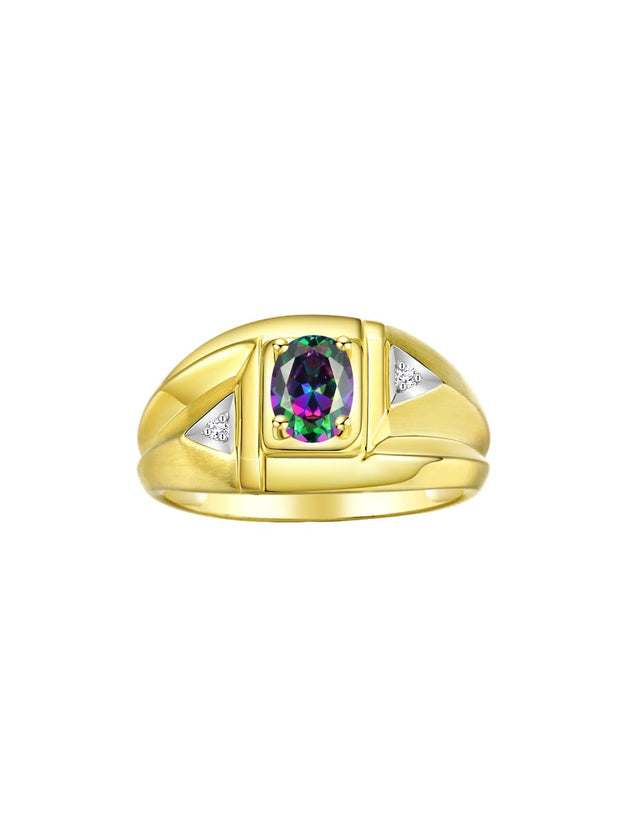 Rylos Men's Yellow Gold Plated Silver Classic Designer Ring - 6X4MM Oval Gemstone & Sparkling Diamond - Birthstone Rings for Men - Available in Sizes 8 to 14